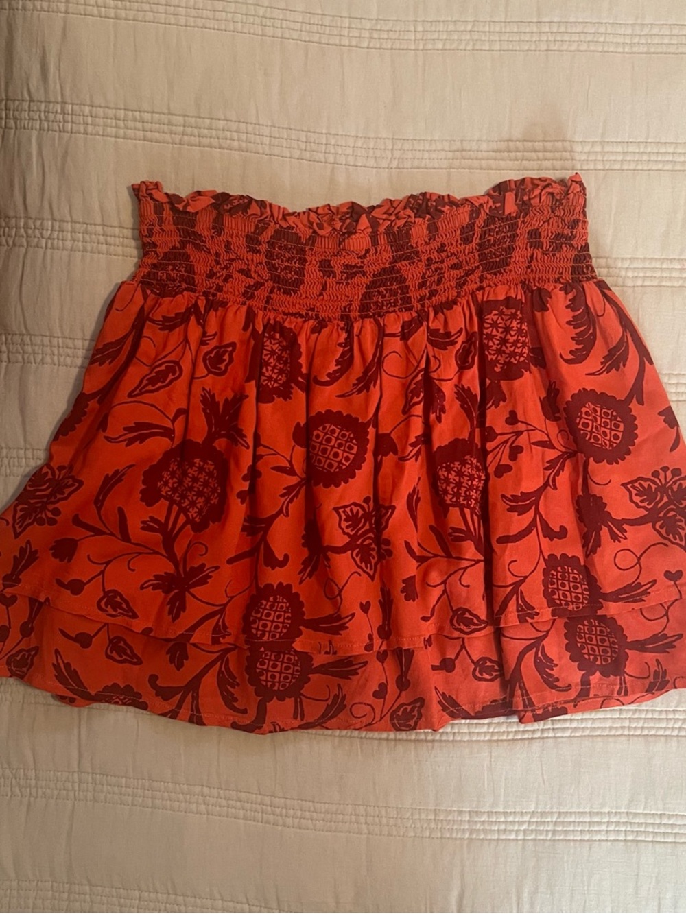 by Anthropologie Red Orange Motif Floral Smocked Mini Skirt Vacation Travel Airy - Picture 4 of 6